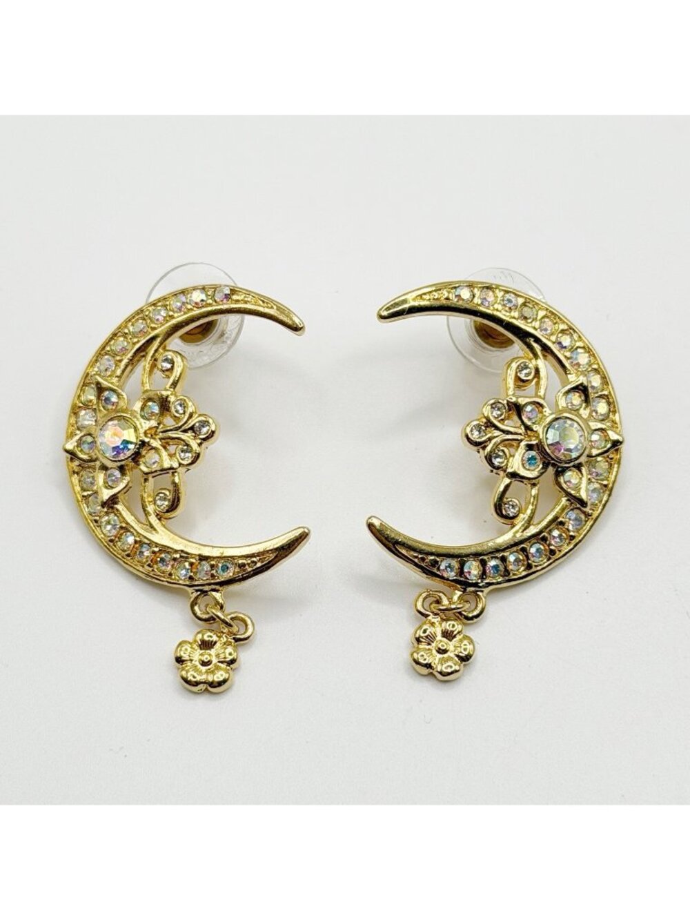 Kirks Folly Gold Tone Celestial Moon Earrings With Flower Drop Pierced 1.75”